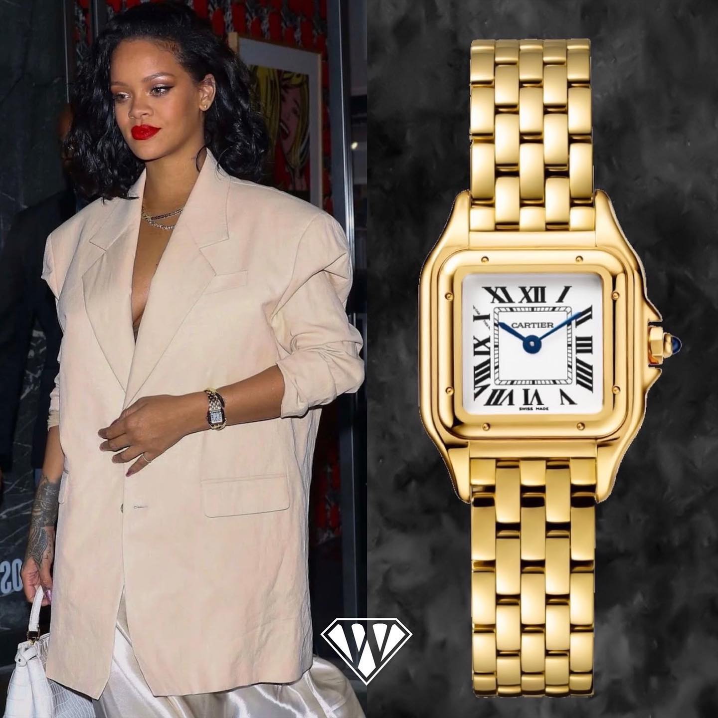 Cartier Panthère de Cartier Đây là chiếc đồng hồ mà Rihanna diện đi diện lại nhiều lần. Thiết kế nhỏ gọn, tinh tế và sang trọng, Panthère de Cartier làm từ vàng vàng, cực kỳ linh hoạt – phù hợp từ sự kiện thảm đỏ đến những buổi đi chơi nhẹ nhàng. Giá trị ước tính khoảng 28.200 USD.