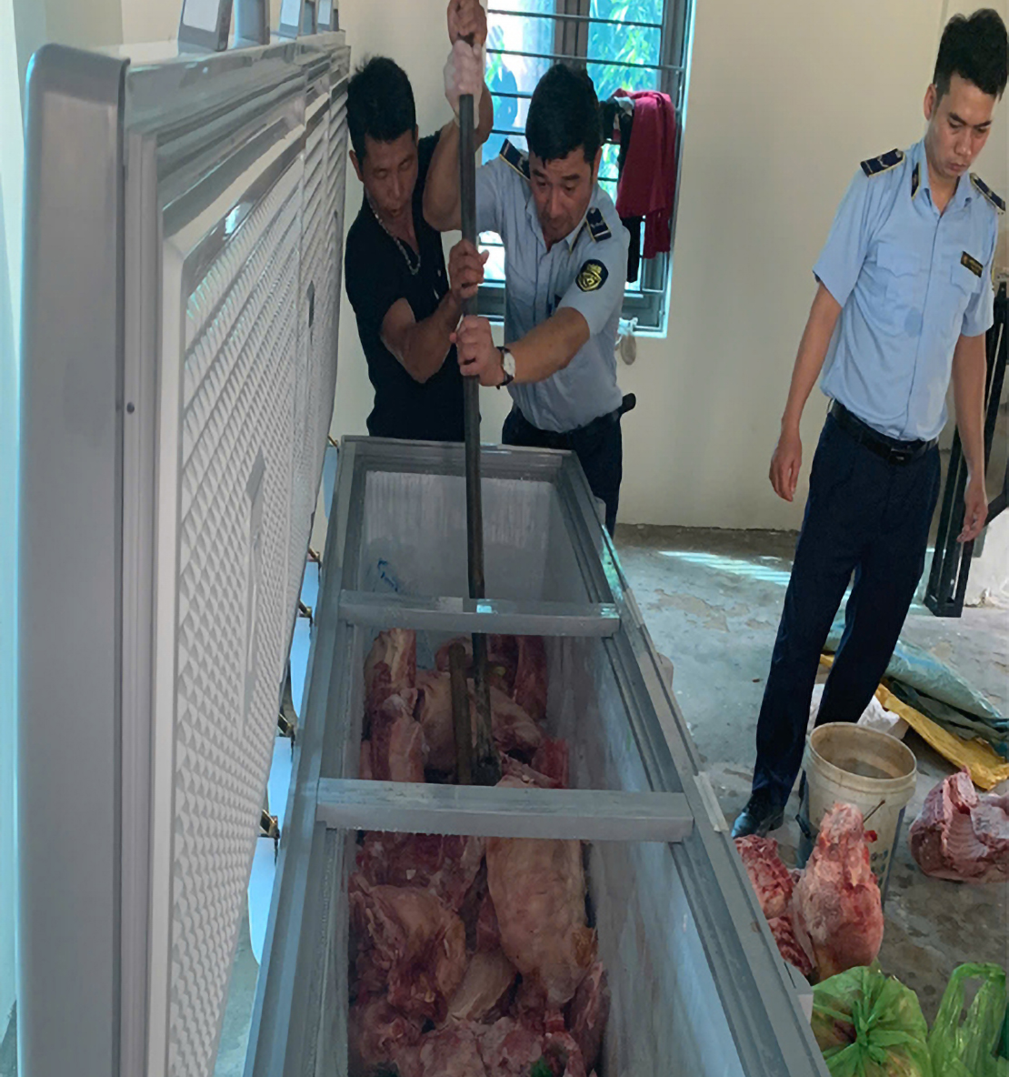 1,6 tấn thịt heo dương tính với virus dịch tả heo châu Phi được phát hiện tại các cơ sở giết mổ - Ảnh công an cung cấp