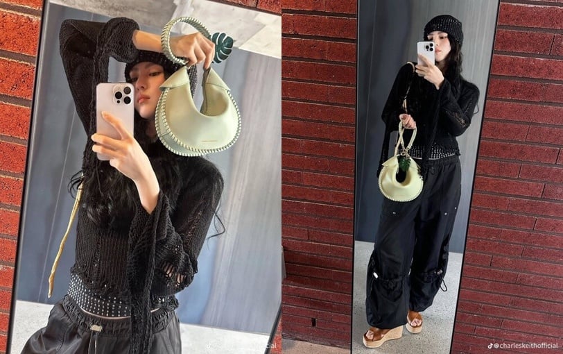Charles & Keith  Blume – khoảng 2,79 triệu đồng Chiếc túi màu xanh matcha tươi mát, nổi bật với charm lá nhiệt đới đính kèm, gợi cảm giác mùa hè rực rỡ. Quai túi được thiết kế có thể biến đổi hình dáng thành “bánh quy may mắn” độc đáo – chi tiết nhỏ nhưng giúp tổng thể trở nên thú vị hơn. Han So Hee thường phối mẫu này với váy trắng hoặc set đồ pastel, tạo vẻ trẻ trung, phóng khoáng.