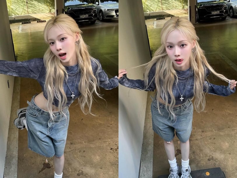 Winter (aespa): Nữ idol chọn quần jeans lửng dáng cao màu xanh nhạt, mix cùng áo dài tay crop-top họa tiết tie-dye ấn tượng. Mẹo của cô nàng là sơ vin áo vào trong quần để kéo dài đôi chân, kết hợp tất trắng, giày sneaker tạo cảm giác trẻ trung, năng động. Mái tóc xõa tự nhiên giúp tổng thể vừa khỏe khoắn vừa nhẹ nhàng.