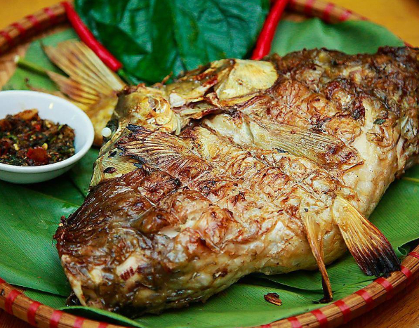 Pa pỉnh tộp là món đặc sản nổi tiếng của người Thái ở vùng Tây Bắc, được chế biến từ cá chép hoặc cá trắm tươi. Cá sau khi làm sạch được mổ dọc lưng, giữ nguyên thân rồi ướp với mắc khén, rau thơm, gừng, tỏi, ớt và nhiều gia vị đặc trưng của núi rừng. Khi gia vị đã ngấm, cá được kẹp tre và nướng trên bếp than hồng đến khi chín vàng, dậy mùi thơm quyến rũ. Pa pỉnh tộp ăn cùng cơm nếp và rau sống, thịt cá ngọt, chắc, thấm đẫm hương vị, mang đậm bản sắc ẩm thực của người Thái.