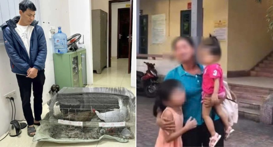 Bị cáo Thái Khắc Thành và vợ con trong vụ nuôi bán 13 con gà lôi trắng. Ảnh: MXH