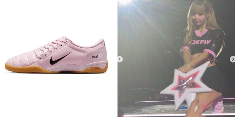 Nike Total 90 III – “Sweet & Cool” trên sân khấu (giá 2,7 triệu đồng)  Nike Total 90 III vốn là biểu tượng của giới bóng đá những năm 2000, nay trở lại với phối màu hồng baby – đế caramel cực bắt mắt. Đôi giày giữ nguyên logo “90” nổi bật ở lưỡi gà và giữa thân giày, tái hiện trọn vẹn DNA cổ điển.  Tại đêm diễn ở Toronto, Lisa diện Total 90 III cùng outfit hồng – trắng, tạo vibe “sweet & cool” khiến fan không khỏi trầm trồ.