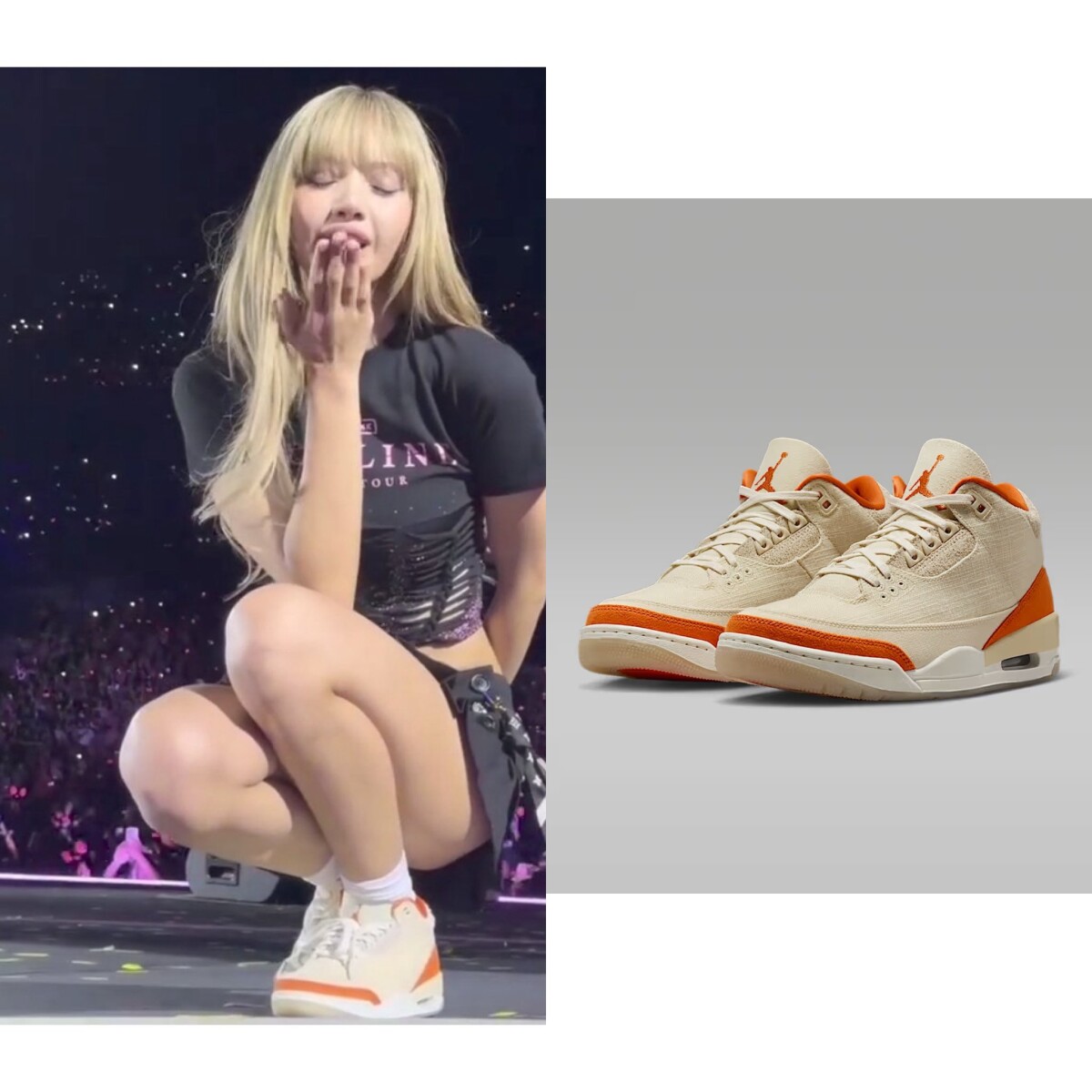 Air Jordan 3 Starfish – Khi năng động gặp sang trọng (giá 5,1 triệu đồng) Ở chặng dừng Paris, Lisa gây ấn tượng với Air Jordan 3 Starfish, phối màu cam nổi bật lấy cảm hứng từ chiếc áo Michael Jordan mặc khi “phá bảng rổ” tại một trận giao hữu ở Ý. Chất liệu da trắng cao cấp kết hợp chi tiết cam tươi tắn giúp đôi giày vừa giữ được tinh thần retro của Air Jordan 3, vừa tăng tính thời trang.  Lisa khéo léo phối Starfish cùng váy xếp ly đen, tạo ra outfit vừa năng động vừa thanh lịch, làm nổi bật đôi chân thon dài và phong cách cá tính của cô.