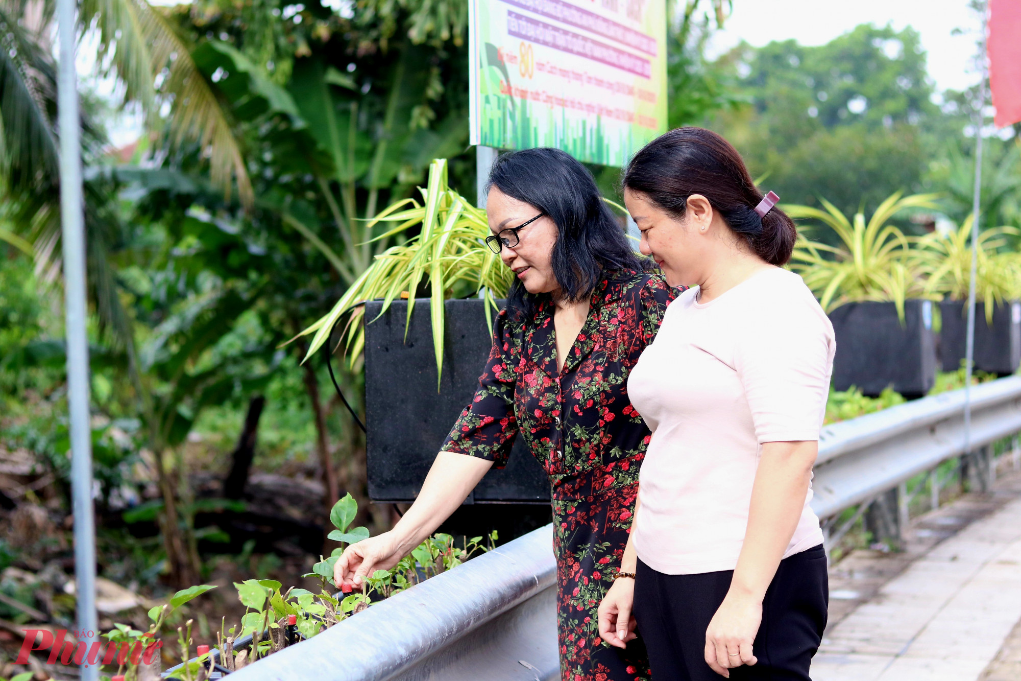 Người dân sống tại tuyến đường Nguyễn Thị Nhuần tìm hiểu hệ thống tưới nước tự đông được lắp đặt trong mỗi khay cây - Ảnh: Mẫn Nhi