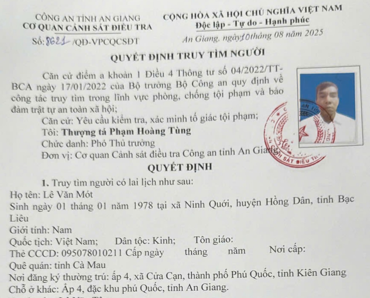 Cơ quan Cảnh sát điều tra Công an tỉnh An Giang đề nghị cá nhân, cơ quan, tổ chức biết thông tin về đối tượng Mót