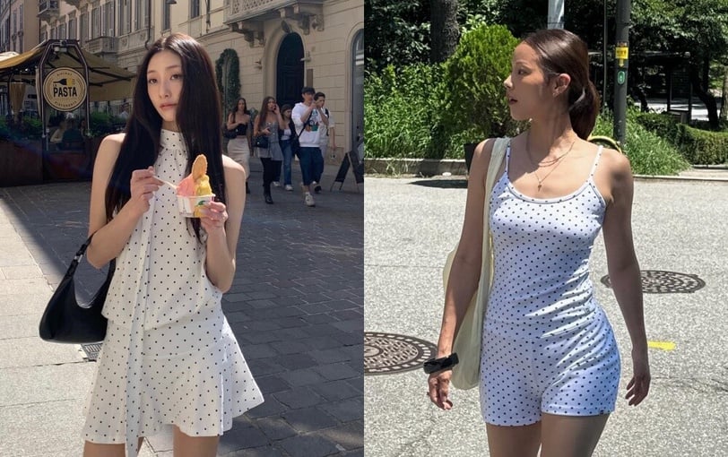 Chấm bi toàn tập'': Mặc cả cây chấm bi nghe có vẻ khó nhằn nhưng nếu biết cách chọn kích cỡ và màu sắc, bạn sẽ có một outfit cực sang. Hãy chọn họa tiết cùng tông màu nhưng kích thước chấm bi khác nhau, ví dụ áo nhỏ chấm bi kết hợp chân váy chấm bi to hơn, để tạo chiều sâu cho trang phục mà không gây rối mắt.