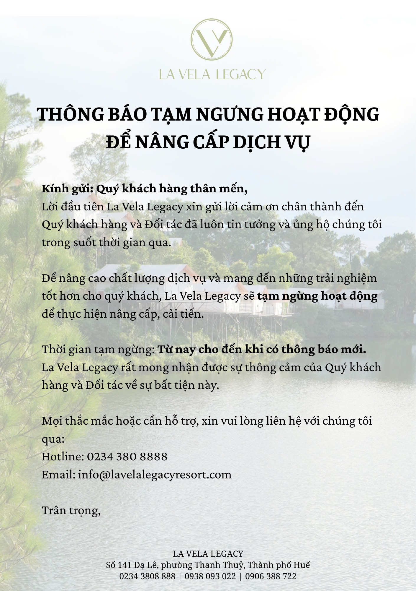Sau khi địa phương phát hiện đơn vị hoạt động chưa đủ điều kiện, La Vela Legacy  đã thông báo tạm ngưng hoạt động