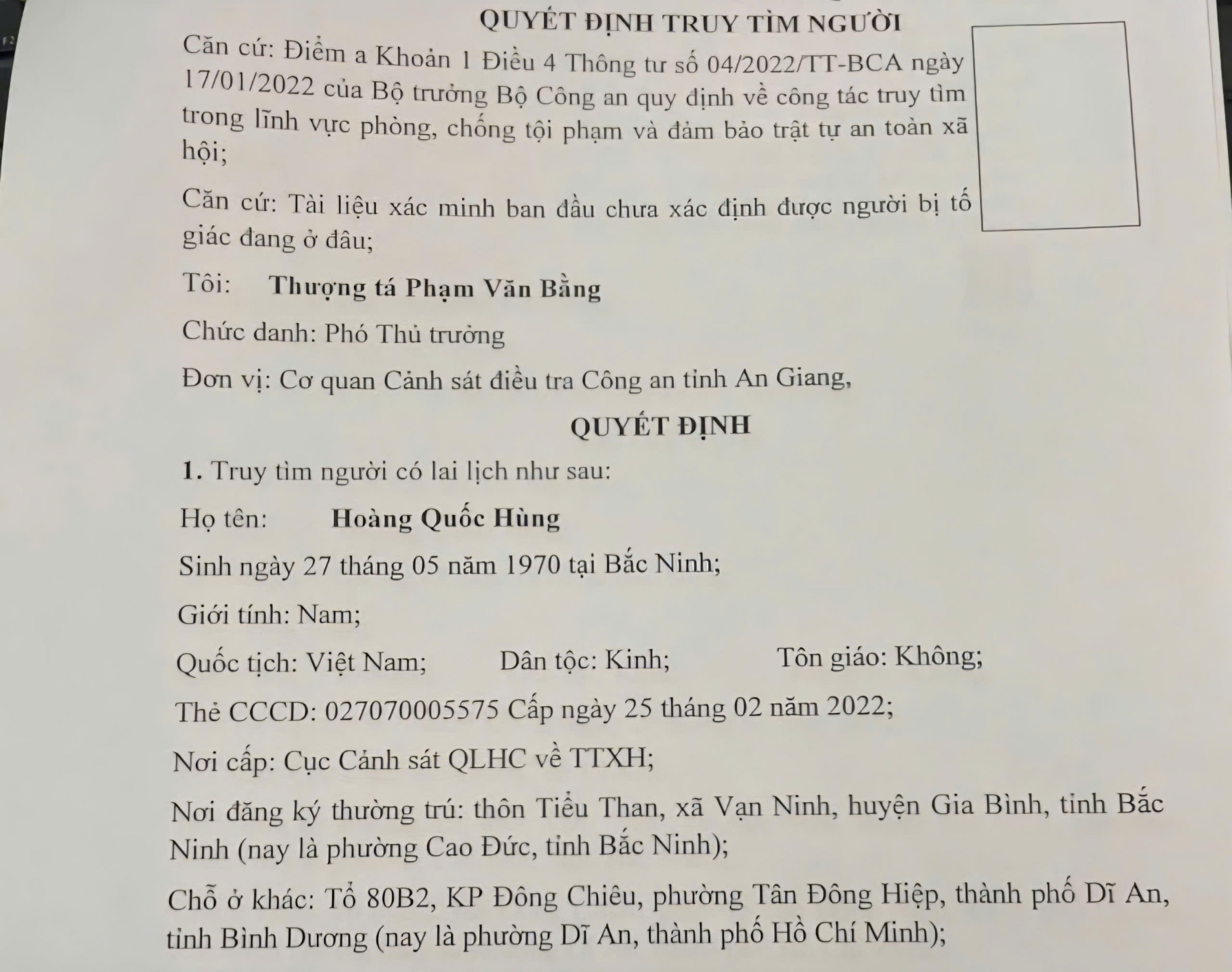 Thông tin tuy tìm đối tượng Hoàng Quốc Hùng - Ảnh CACC