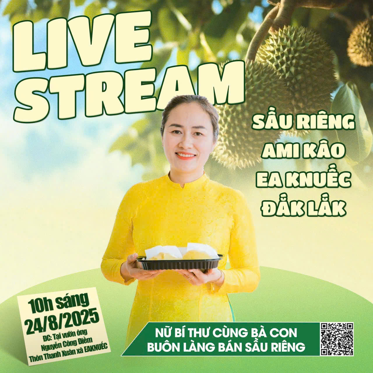 Bà Ngô Thị Minh Trinh, Bí thư Đảng ủy xã Ea Knuếc sẽ cùng bà công nông dân tổ chức livestream bán sầu riêng