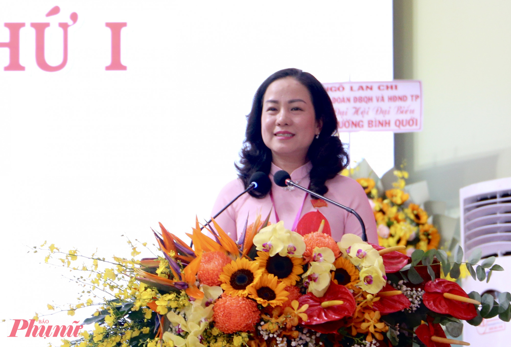 Đỗ Thị Minh Quân - Bí thư Đảng ủy phường Bình Quới - phát biểu tại Đại hội - Ảnh: Thanh Tâm