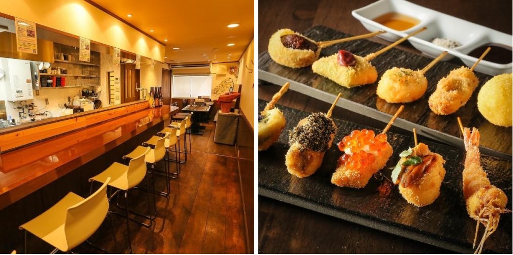 Quán Kushiage Kometto có món ăn đường phố kushikatsu đặc trưng của Osaka. Món này gồm nhiều loại thịt và rau củ xiên que tẩm bột chiên giòn và chấm với nước sốt có vị mặn, ngọt làm từ nước tương, đường và một số gia vị khác. Khi ăn là chỉ chấm 1 lần để đảm bảo vệ sinh và giữ cho nước sốt luôn sạch. Địa chỉ: 2F, 2-5-20 Minamisenba, Chuo-ku, thành phố Osaka - Ảnh: Kushiage Kometto