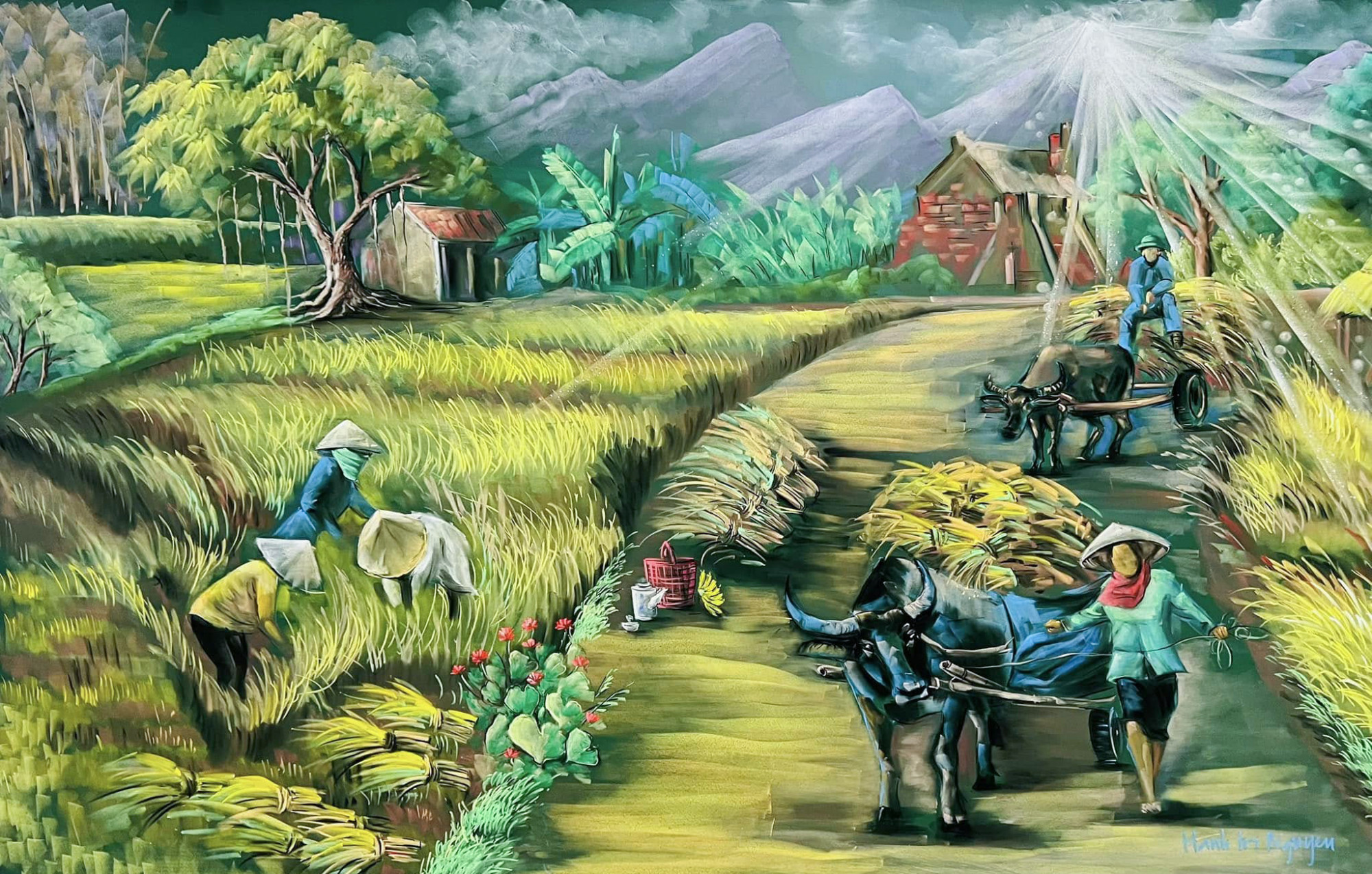 Làng quê Việt Nam qua tranh vẽ của thầy Hạnh - Ảnh: Nguyễn Hạnh