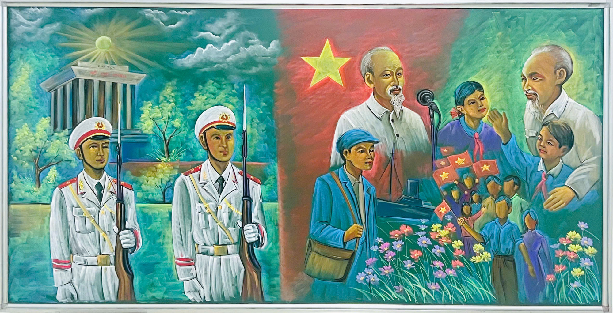 Những bức tranh nhân dịp kỷ niệm 80 năm Quốc khánh 2/9 của thầy Hạnh - Ảnh: Nguyễn Hạnh