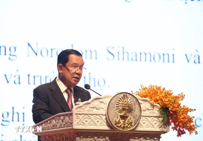 Samdech Techo Hun Sen, Chủ tịch Thượng viện Campuchia phát biểu tại lễ kỷ niệm 80 năm Quốc khánh Việt Nam - Ảnh: Huỳnh Thảo/TTXVN