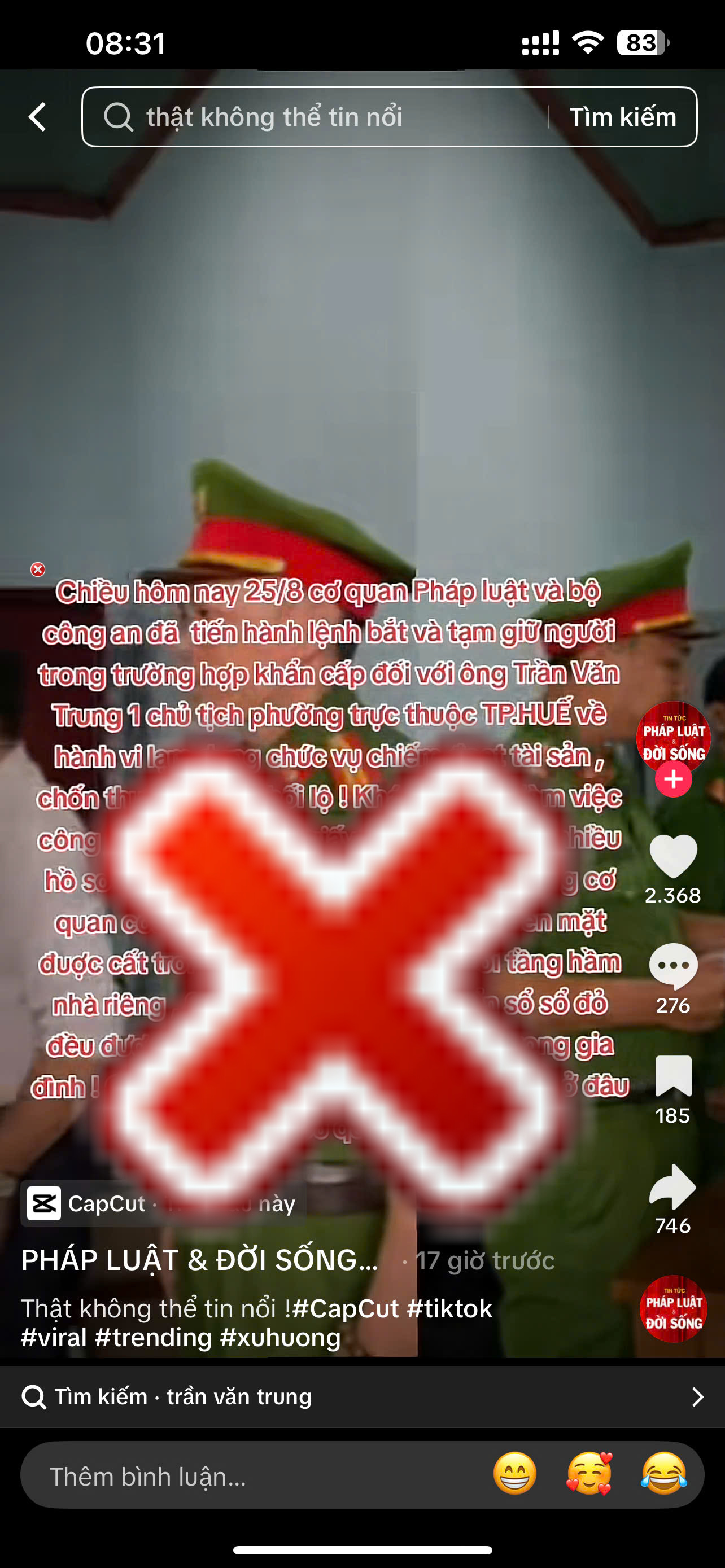 Thông tin sai sự thật được trang TikTok PHÁP LUẬT & ĐỜI SỐNG (tincapnhatmoinhat) đăng tải- Ảnh chụp lại từ MXH.