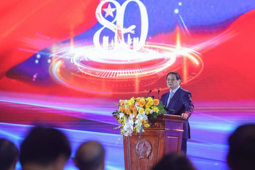 Thủ tướng Chính phủ Phạm Minh Chính phát biểu tại Lễ khai mạc Triển lãm thành tựu đất nước. - Ảnh: VGP/Nhật Bắc