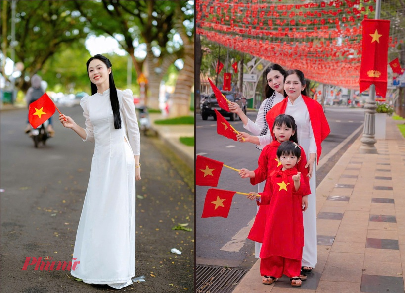 Giữa không gian ngập tràn sắc đỏ sao vàng, hình ảnh những người phụ nữ thướt tha trong tà áo dài trắng tinh khôi hay rực rỡ sắc màu, hào hứng check-in, lưu giữ những khoảnh khắc đẹp đã khiến không gian nơi đây thêm phần duyên dáng, trang trọng. 