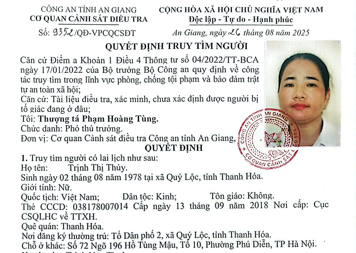 Quyết định truy tìm đối tượng Trịnh Thị Thuỷ