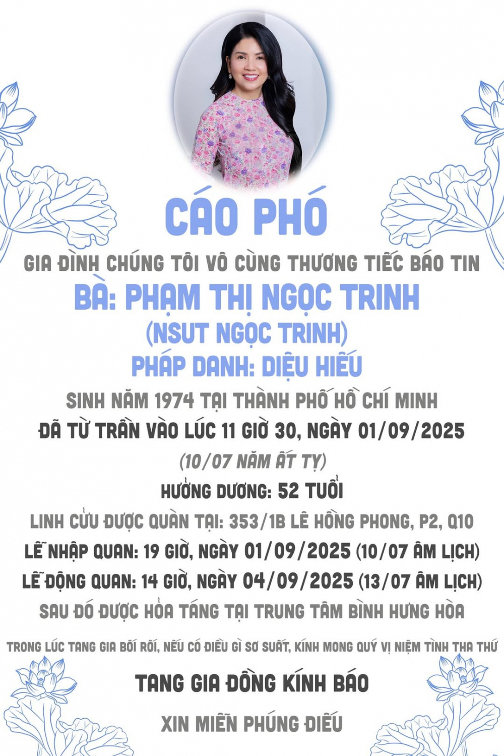 Cáo phó đám tang NSƯT Ngọc Trinh từ gia đình.