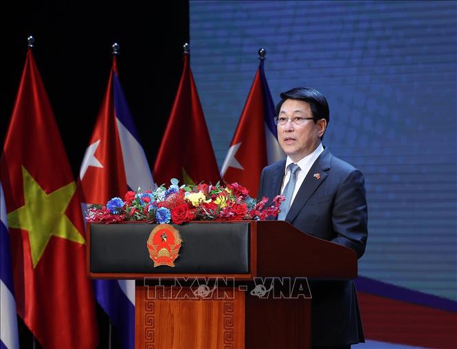 Tình đoàn kết Việt Nam - Cuba thấm sâu trong tim người Việt Chủ tịch nước Lương Cường phát biểu. Ảnh: Lâm Khánh - TTXVN