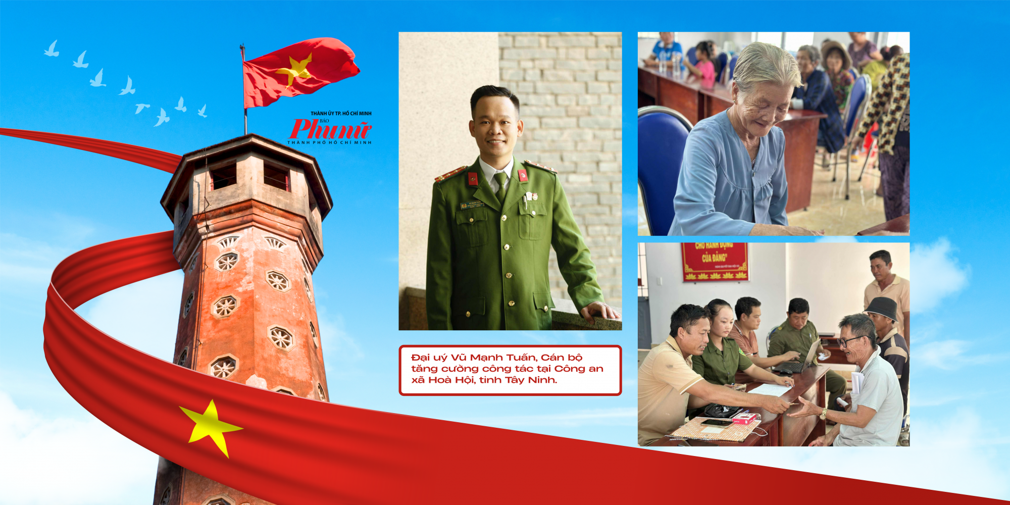 Đại uý Vũ Mạnh Tuấn - Cán bộ tăng cường công tác tại Công an xã Hoà Hội, tỉnh Tây Ninh cùng đồng đội trao quà cho bà con vùng biên giới - Ảnh: NVCC
