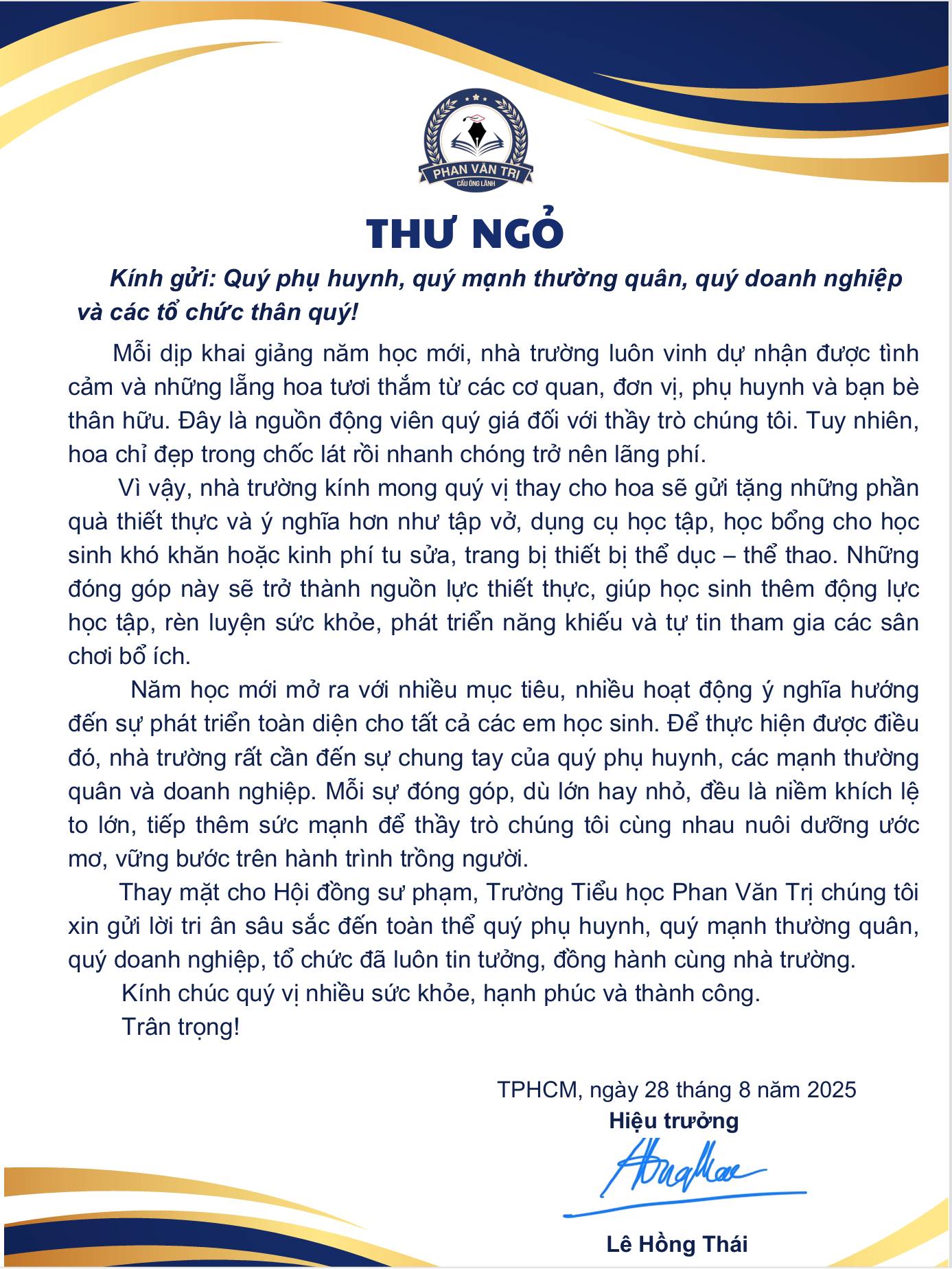 Thư ngỏ của hiệu trưởng nhà trường - Ảnh: Facebook nhà trường
