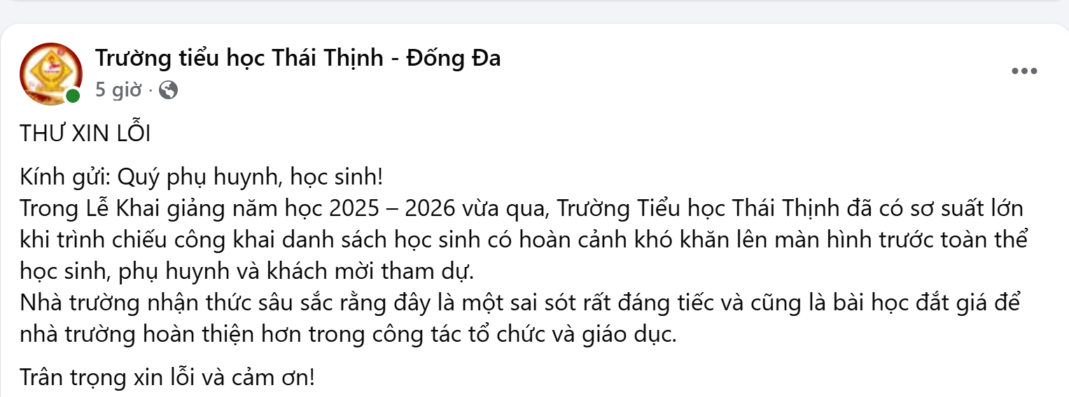 Ngày 6/9, Trường tiểu học Thái Thịnh đã đăng lời xin lỗi trên fanpage của trường. Ảnh chụp màn hình