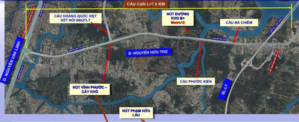 Sơ đồ tuyến đường trên cao Nguyễn Hữu Thọ. Ảnh Sở Xây dựng