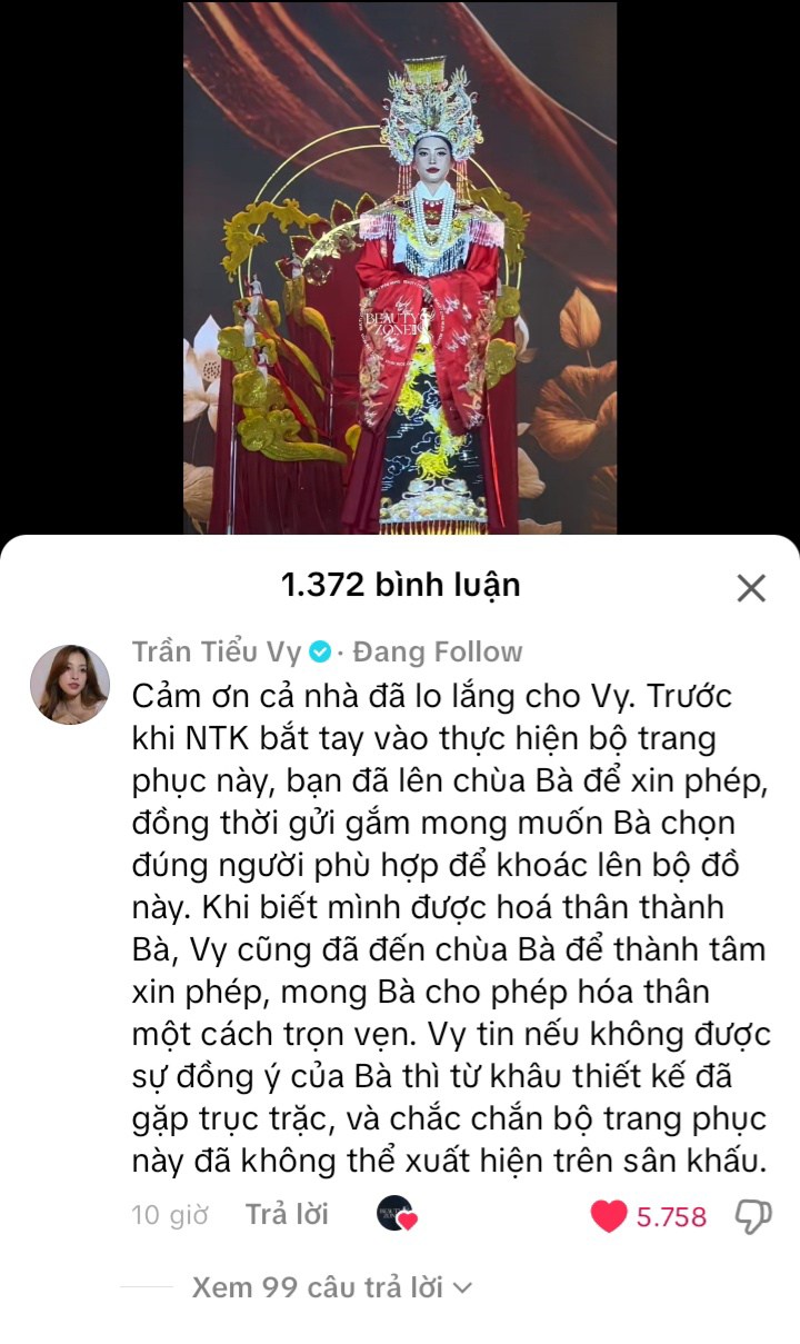 Tiểu Vy trấn an công chúng việc cô đã xin phép trước khi hóa thân thành Bà chúa xứ