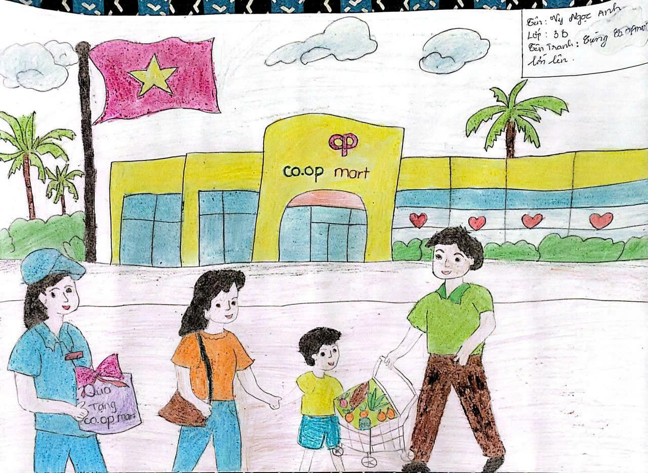 Đi Co.opmart mà vui như đi chơi hội: ba đẩy giỏ hàng ‘nặng trĩu’, mẹ dắt tay con cười tươi, nhân viên thì tranh thủ… phát quà tặng. Một bức vẽ ngập tràn tiếng cười và niềm vui mua sắm kiểu Việt.