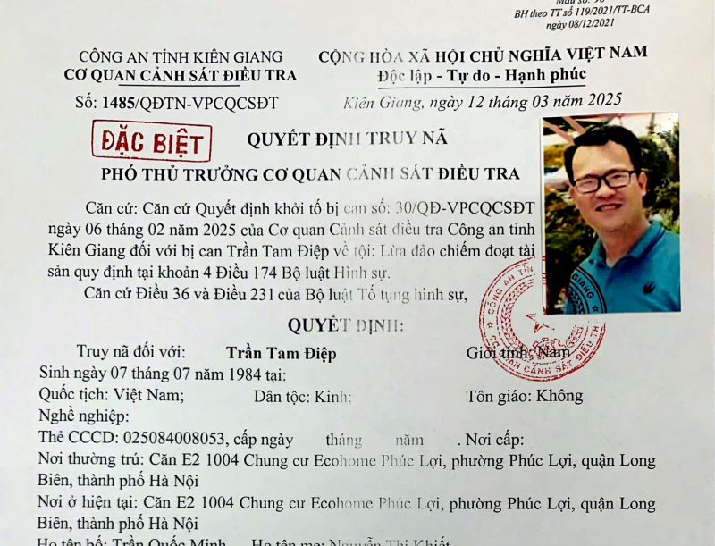 Quyết định truy nã đối với Trần Tam Điệp.