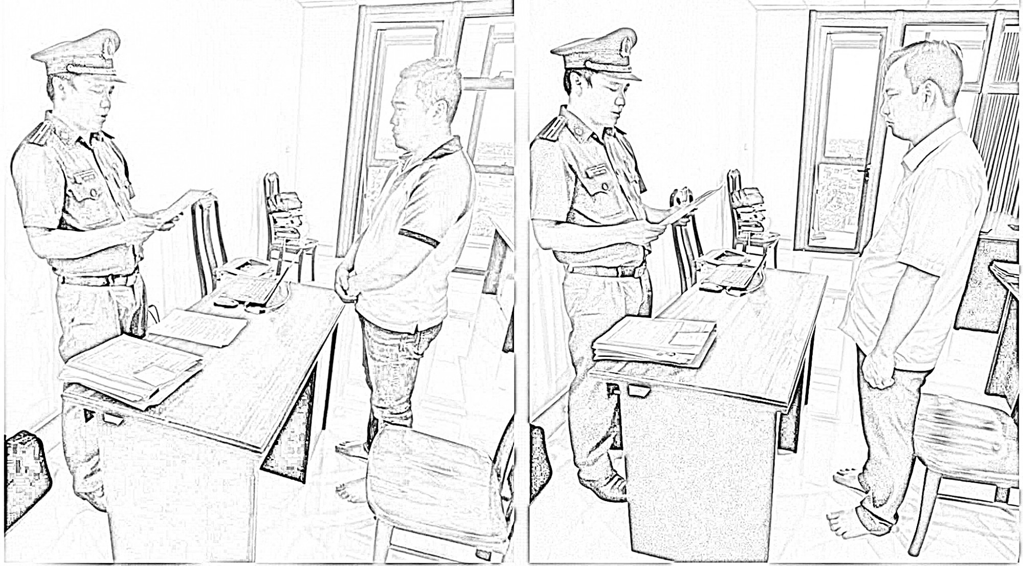 Nguyễn Vương Hoài và Huỳnh Hữu Thuận tại cơ quan công an - Ảnh CACC