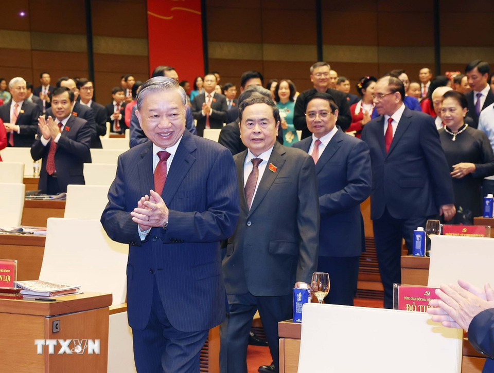 Tổng Bí thư Tô Lâm và các lãnh đạo, nguyên lãnh đạo Đảng, Nhà nước dự Đại hội đại biểu Đảng bộ Quốc hội lần thứ nhất - Ảnh: TTXVN