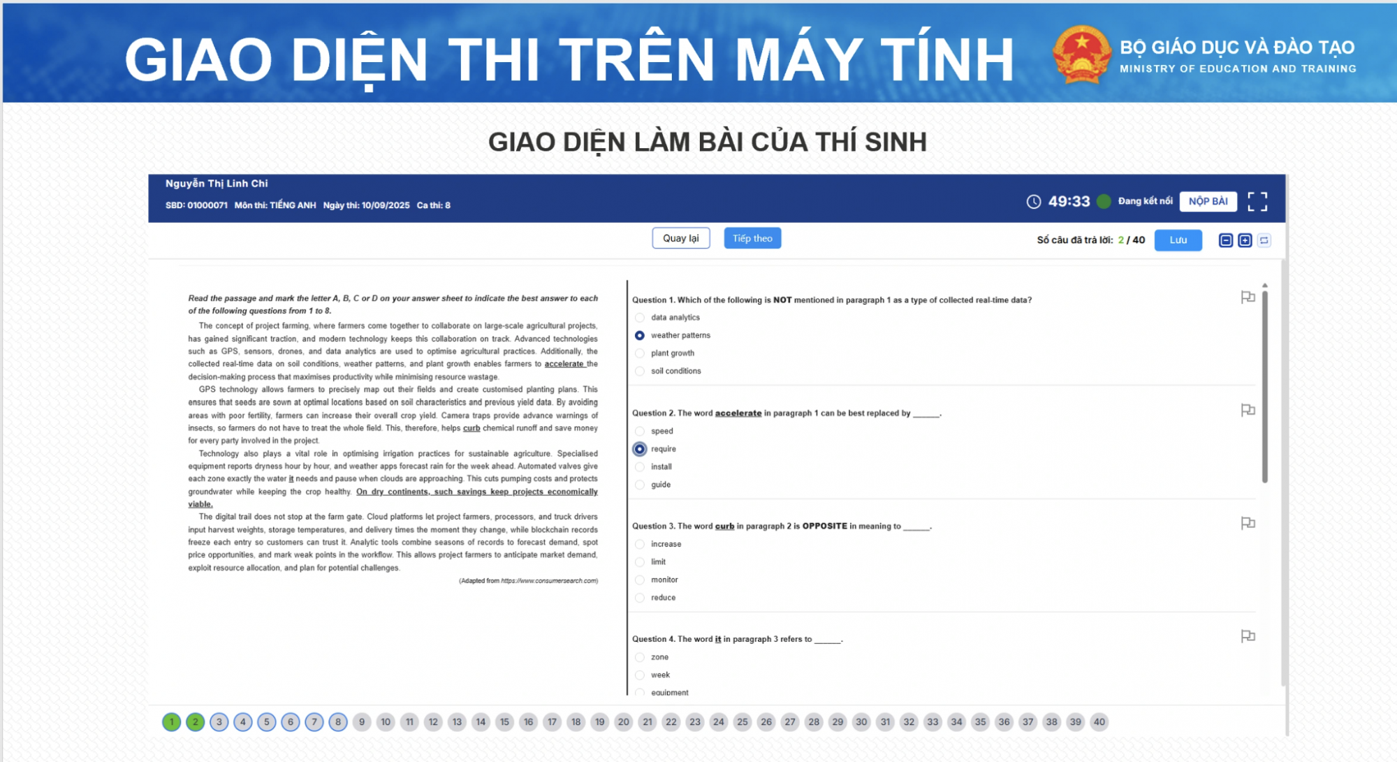 giao diện bài thi tốt nghiệp THPT trên máy tính