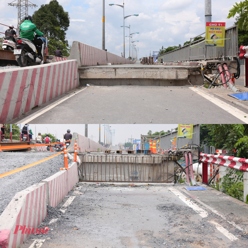 Hình ảnh đầu cầu Bình Triệu 1 lúc nâng lên 0,5 m và sau đó là 1,08 m