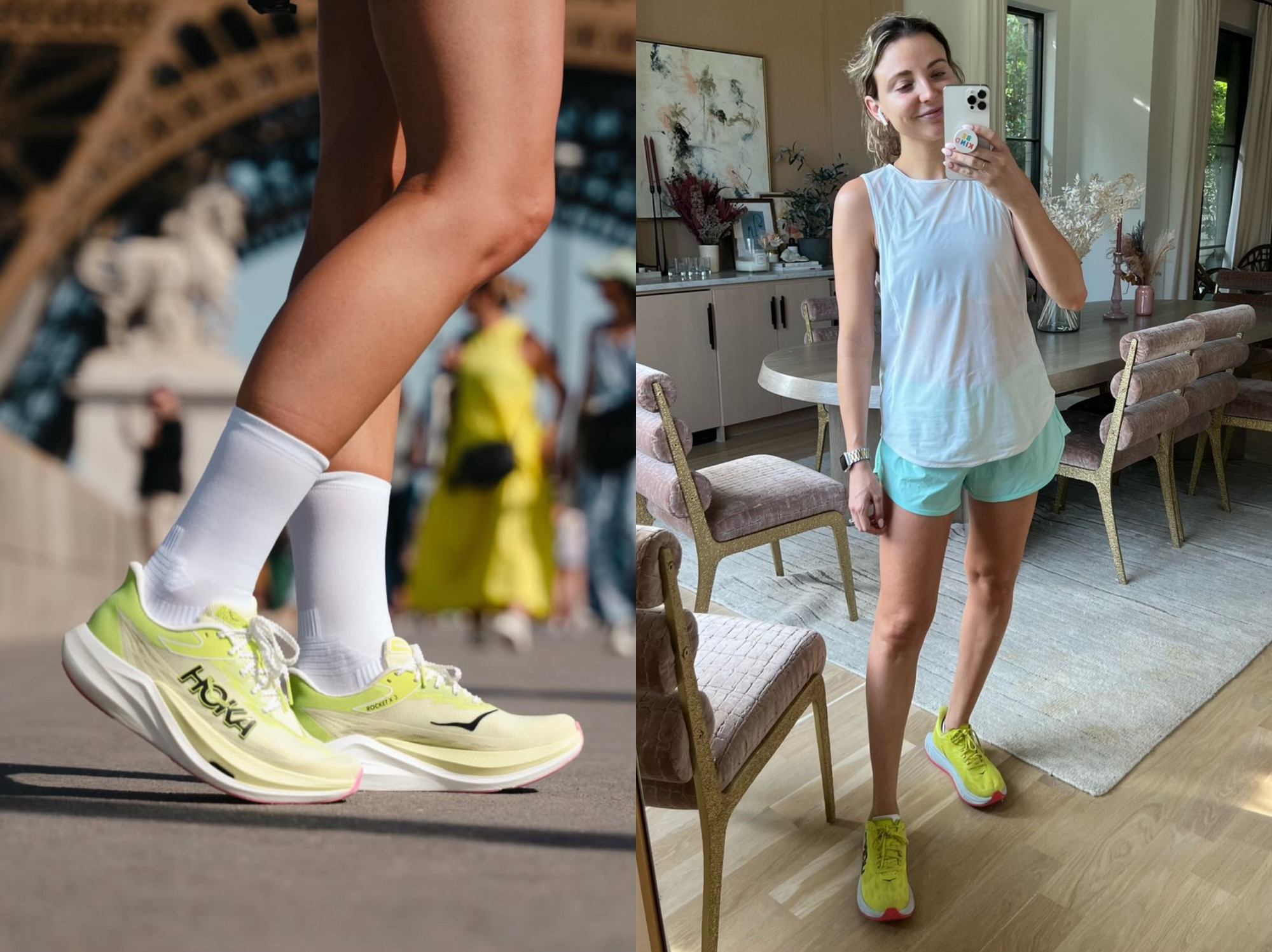 Hoka Rocket X3: Mẫu giày được đánh giá gọn nhẹ, dáng thể thao chuyên nghiệp nhưng vẫn rất thời trang. Trọng lượng nhẹ, đế có tấm đẩy (carbon plate) giúp bạn di chuyển nhanh mà vẫn êm. Rất hợp nếu bạn thích phong cách “runner chic” – thời trang mang hơi hướng thể thao thực thụ. Thân giày nhỏ gọn, ôm chân, dễ phối với outfit đơn giản như áo phông trắng, quần short hoặc quần baggy thể thao. Giá tham khảo khoảng 5,9 triệu đồng.