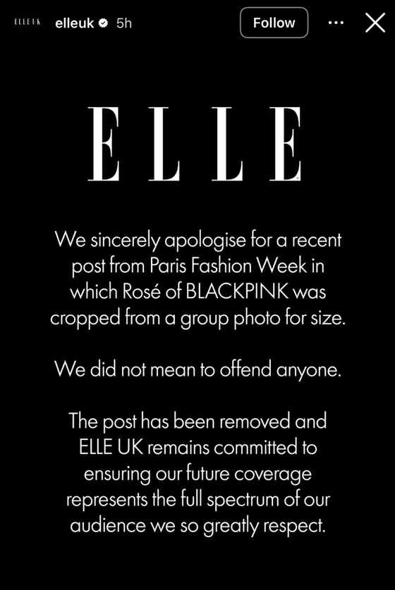 Lời xin lỗi của Elle UK đăng tải trên Instagram