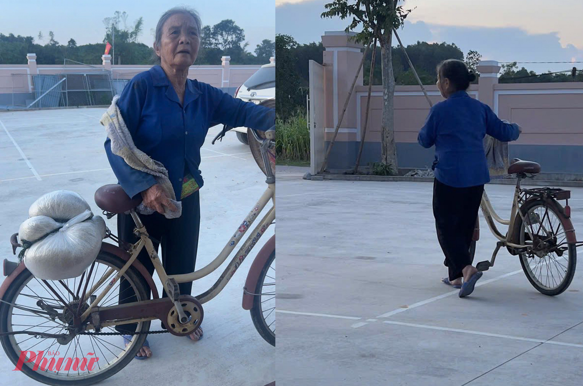 Bà Quế chở 20kg gạo đi hỗ trợ người dân trong xã bị ngập nặng - Ảnh: Khánh Trung