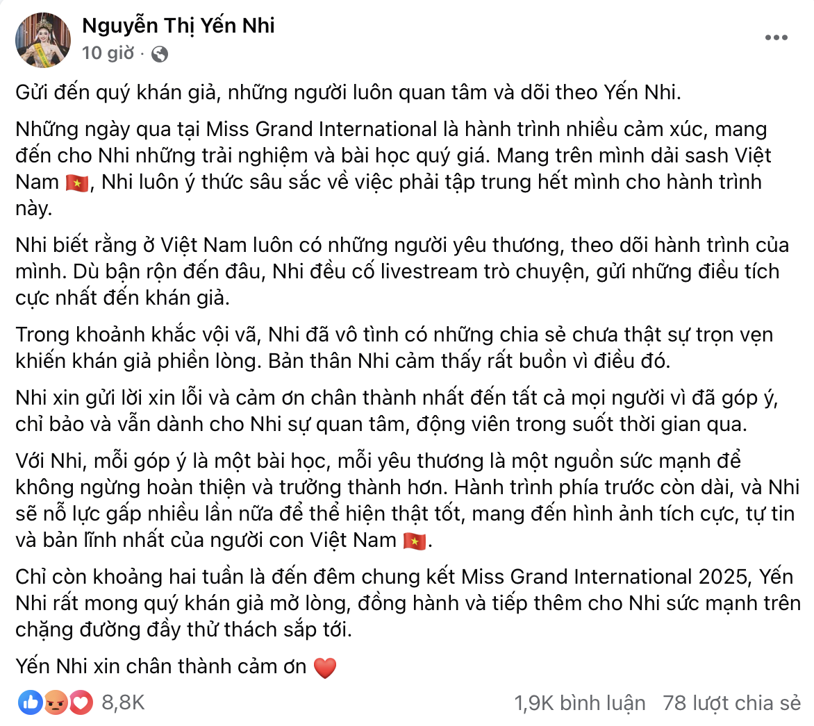 Nguyên văn bài xin lỗi của Yến Nhi vào tối 4/10