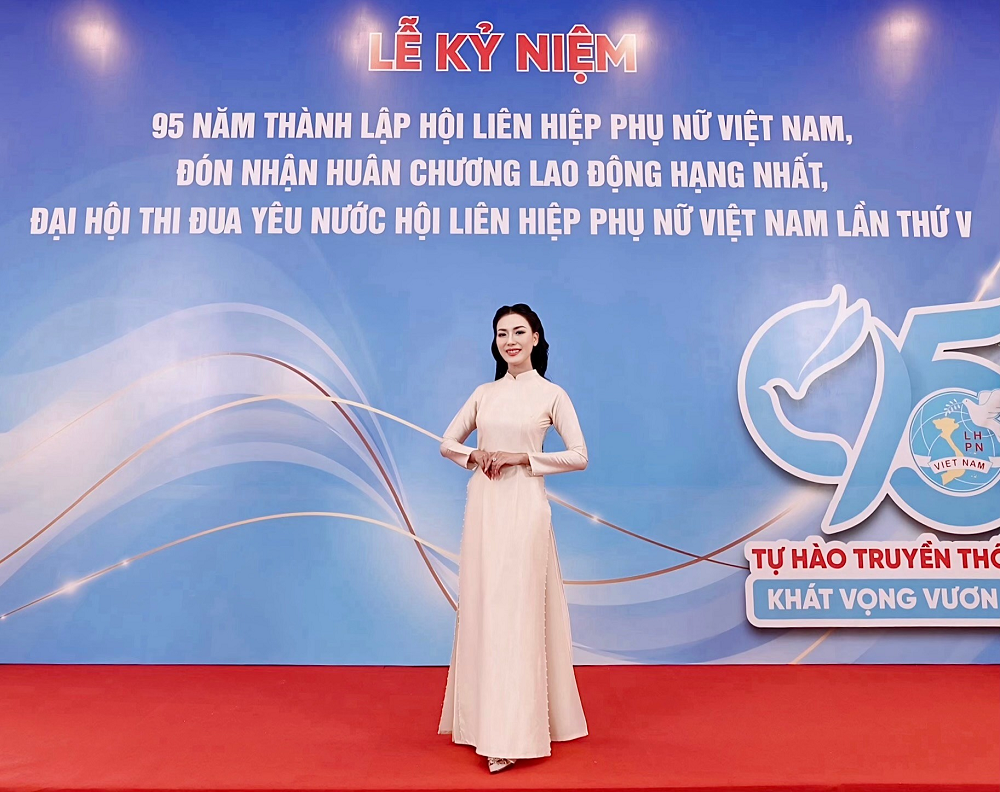 Hoa hậu Nguyễn Ngọc Hiếu - nữ đại biểu tham dự lễ kỷ niệm 95 năm Ngày thành lập Hội Liên hiệp Phụ nữ Việt Nam - Ảnh: nhân vật cung cấp