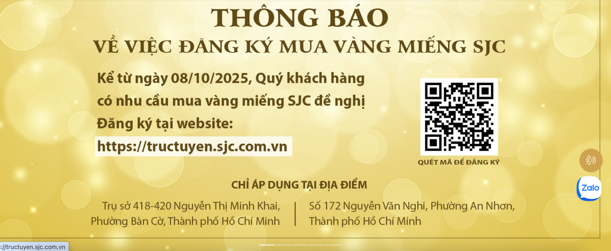 SJC thông báo khách mua vàng phải đăng ký trực tuyến 