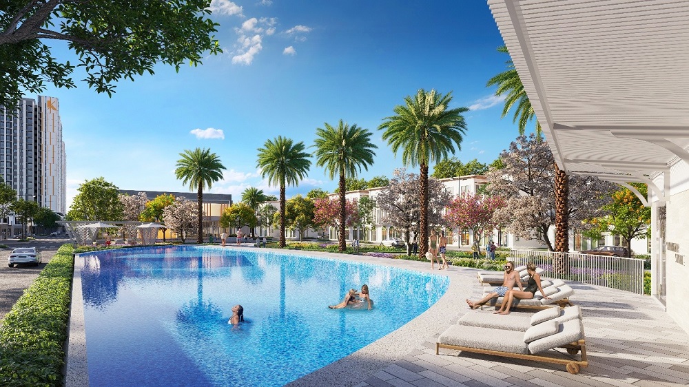 Phối cảnh hồ bơi dự án được thiết kế hiện đại với không gian xanh mát