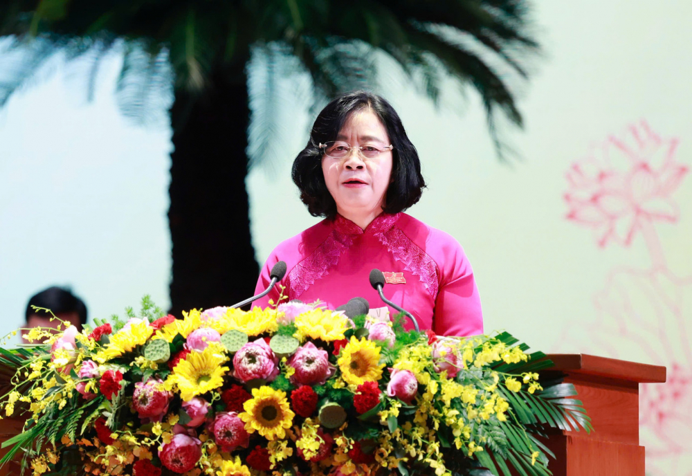 Bí thư Thành uỷ Hà Nội Bùi Thị Minh Hoài phát biểu tại đại hội (Ảnh: Như Ý)
