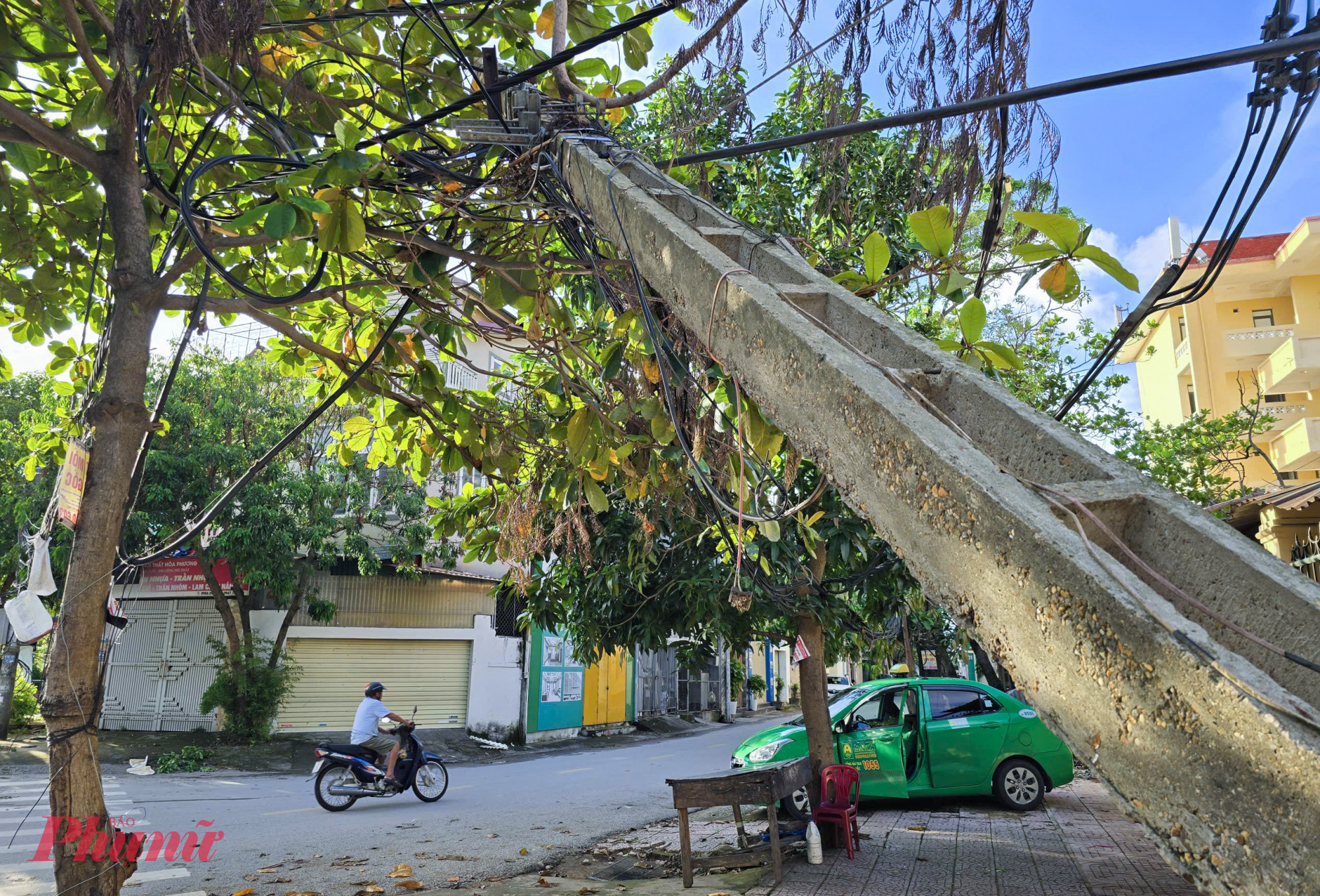 Cách đó không xa, một cột điện khác cũng bị gãy đổ phần chân, nằm gác lên cây xanh trên vỉa hè. 