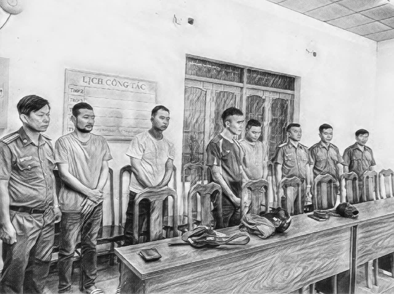 Các đối tượng làm việc tại cơ quan công an - Ảnh: S.Đ.