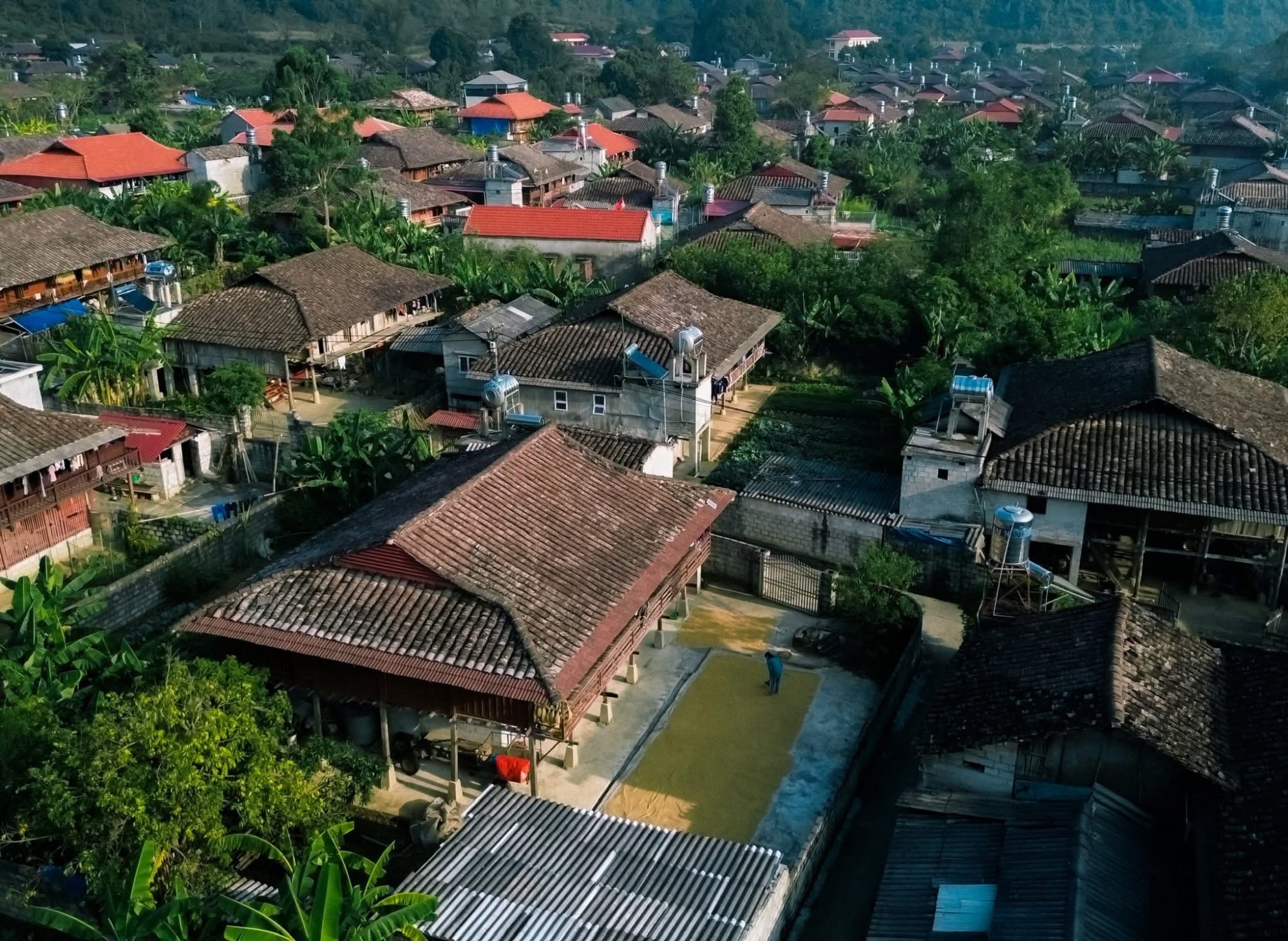 Từ trên cao nhìn xuống, ngôi làng hiện lên như một bức tranh thanh bình với hàng trăm ngôi nhà sàn gỗ truyền thống của người Tày nằm san sát, mái lợp ngói âm dương đặc trưng.