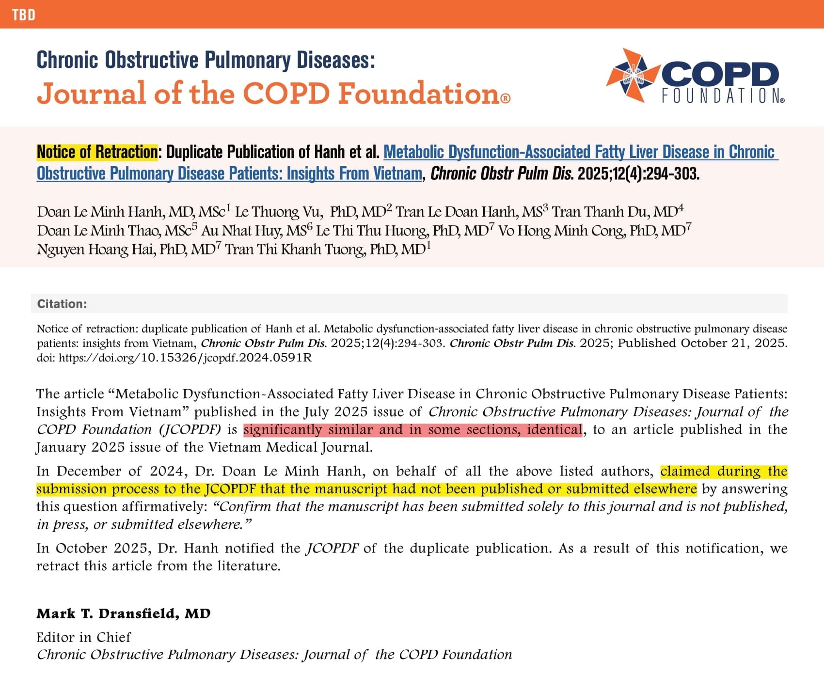 Thông báo thu hồi bài viết từ tạp chí Chronic Obstructive Pulmonary Diseasesvào ngày 21/10/2025 - Ảnh: Chụp màn hình