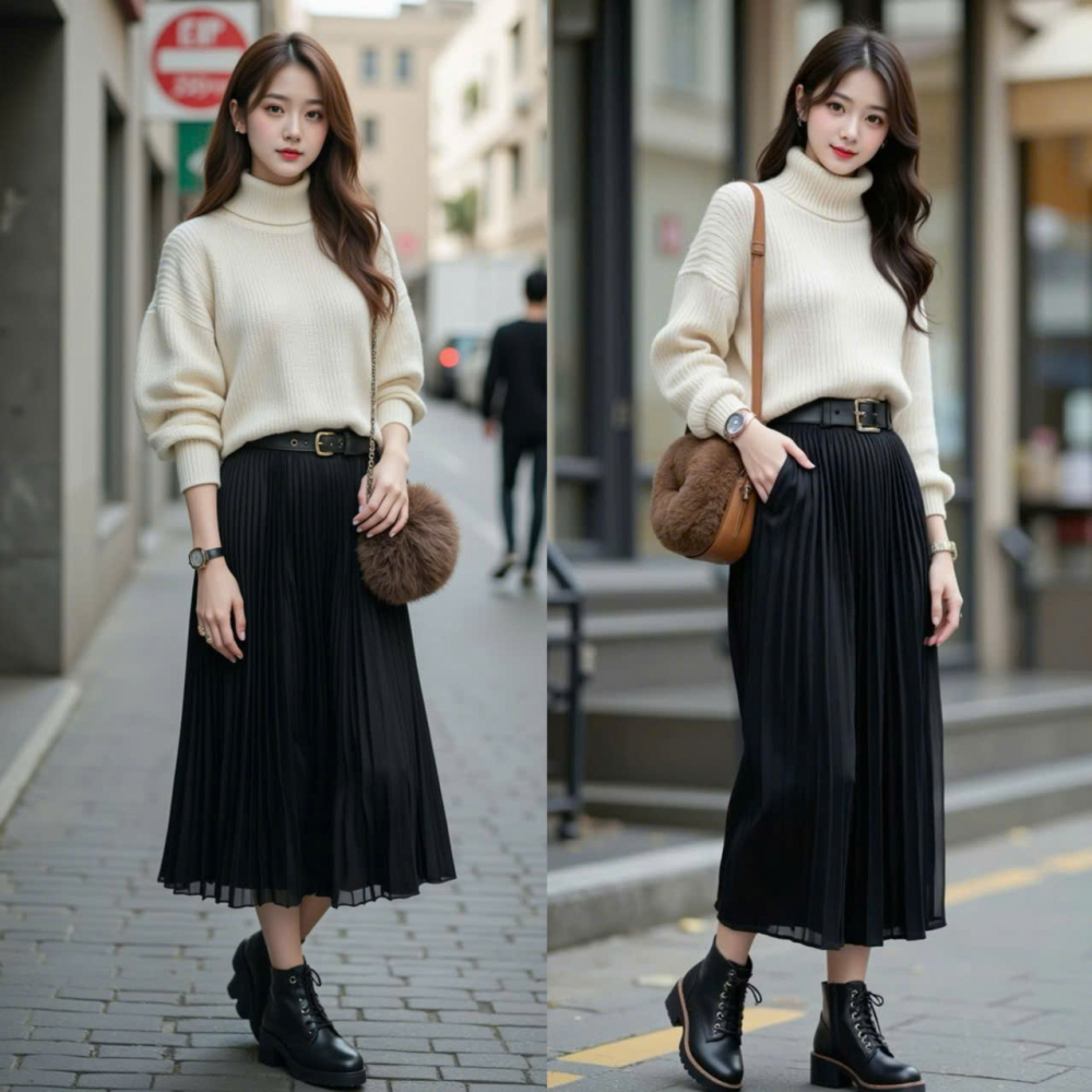 Áo len cổ lọ khi phối cùng chân váy dài tạo nên phong cách nhẹ nhàng, tinh tế và đầy nữ tính. Sự kết hợp này không chỉ giữ ấm hiệu quả mà còn tôn dáng, giúp người mặc trông thanh thoát và duyên dáng hơn. Chỉ cần thêm một đôi giày búp bê hoặc giày cao gót, bạn đã có ngay set đồ hoàn hảo cho những ngày đông 