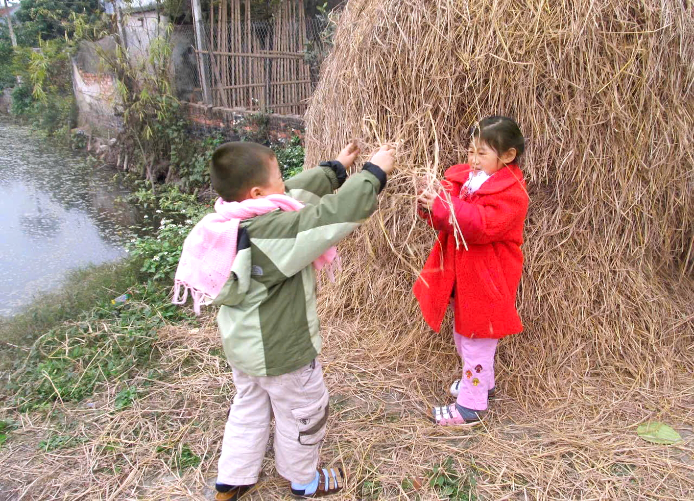 2 con của tác giả về thăm quê với đồng cỏ, ụ rơm ấm áp - thiên đường tuổi thơ của mẹ ngày xưa - Ảnh do nhân vật cung cấp